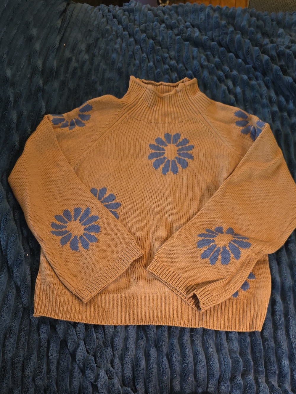 High-Neck Daisy Knit Sweater in Brown with Blue Floral Accents